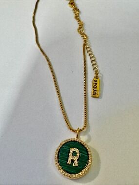 Gold-Tone Necklace with Green 'R' Initial Pendant